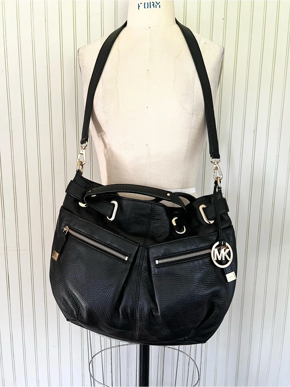 Michael Kors Pebbled Leather Black Zipper Front Satchel with Crossbody Large